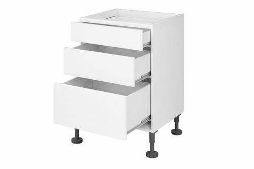 Kitchen Base 400mm Kitchen Drawers, 3 drawers are open in colour White