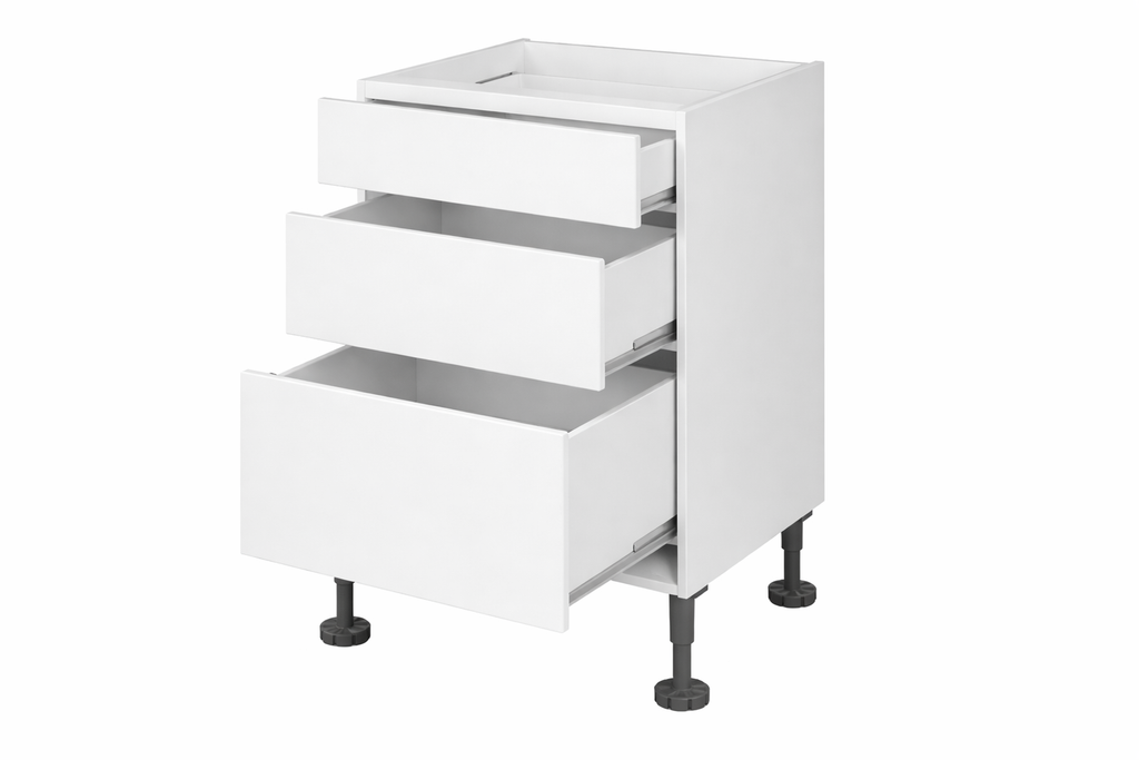 Kitchen Base 600mm Kitchen Drawers, 3 Drawers open in White