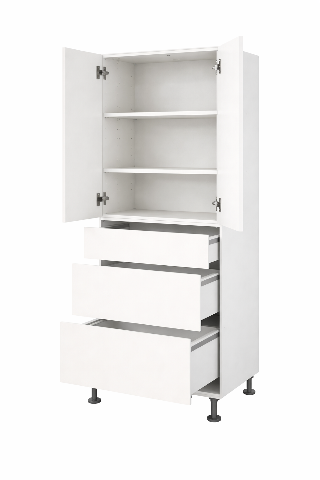 Kitchen Base 600mm, 2 Door, 3 Drawer Tall Pantry Cabinet, Doors & Drawers Open , White