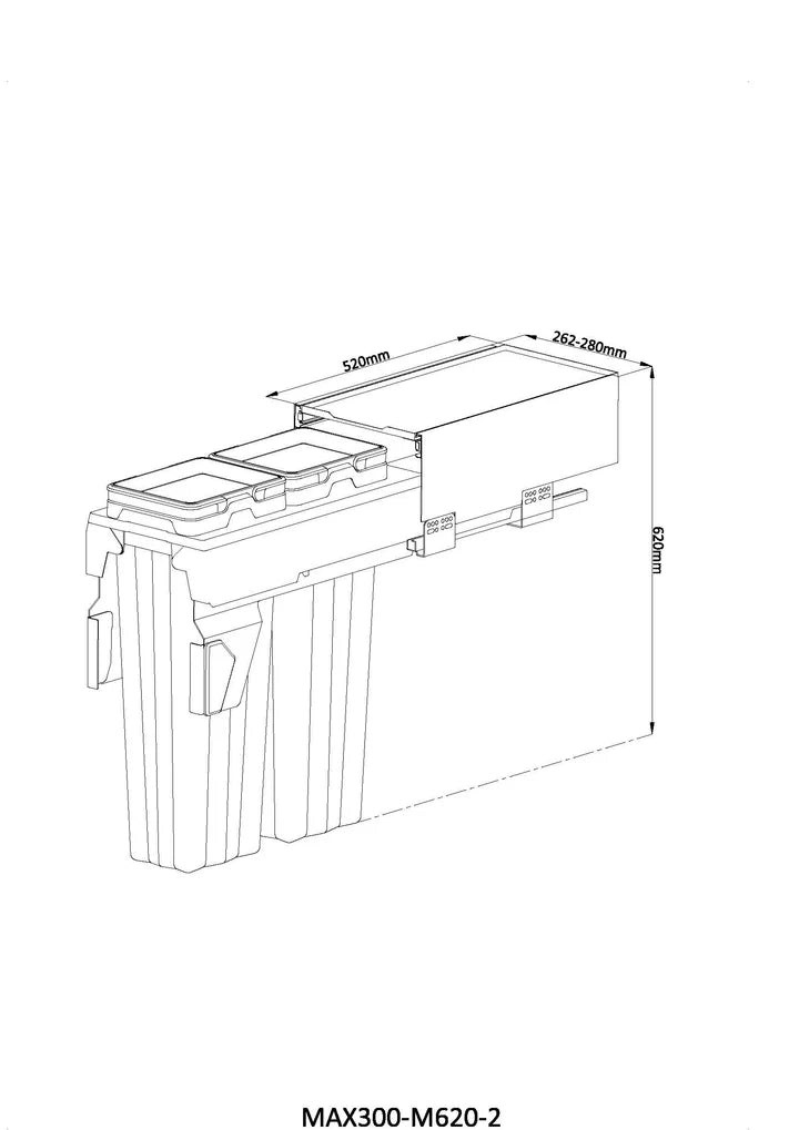 Max300 rubbish bin dimensions drawing. Bin fits a 300mm wide cabinet. Colour is Anthracite Gray