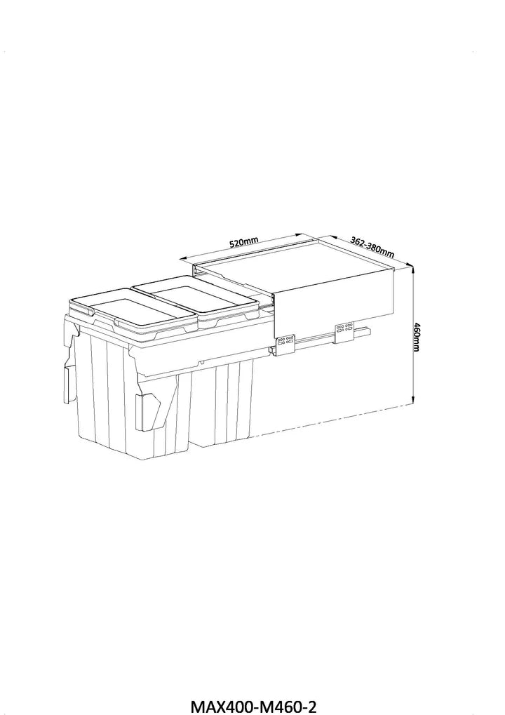 MAXI Bins MAX400-M460-2 integrated rubbish bin dimensions drawing to fit a 400mm wide cabinet. Colour is Anthracite Gray