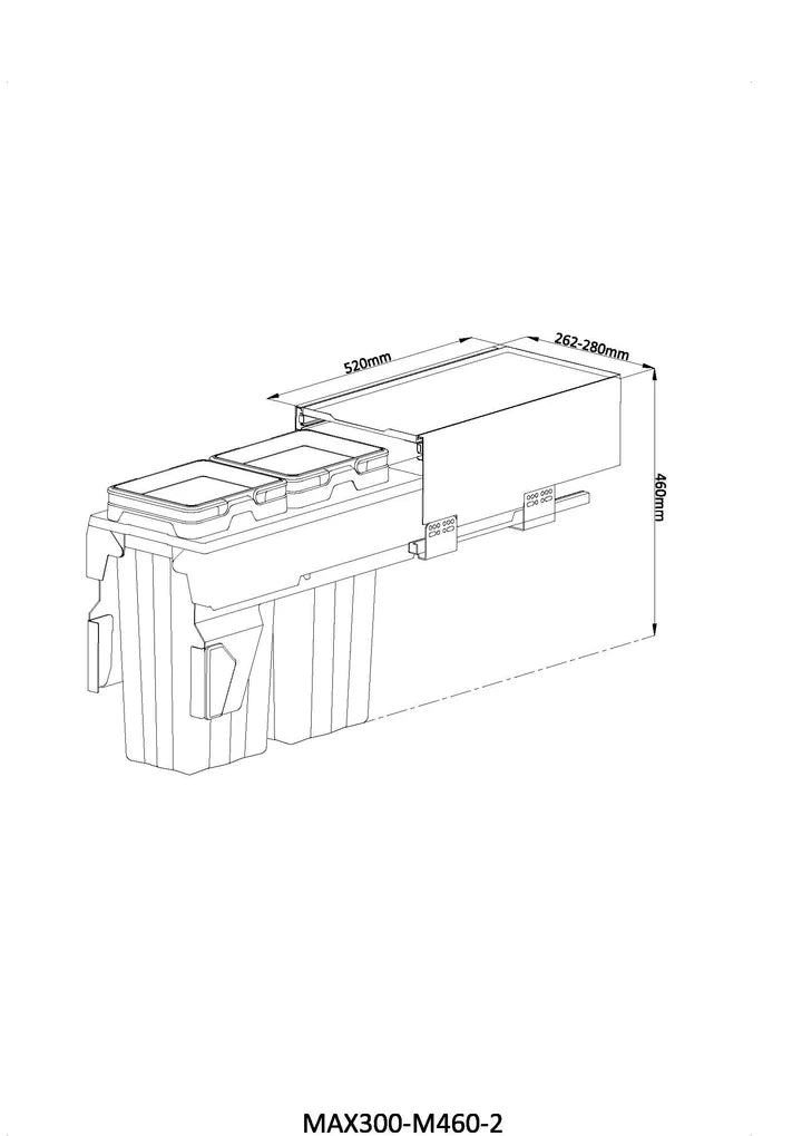 MAXI Bin MAX300-M460-2 dimensions drawing integrated rubbish bin to fit a 300mm wide cabinet. Colour is Anthracite Gray