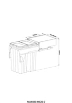 MAXI Bins MAX400-M620-2 integrated rubbish bin dimensions drawing, bin fits a 400mm wide cabinet. Colour is Anthracite Gray