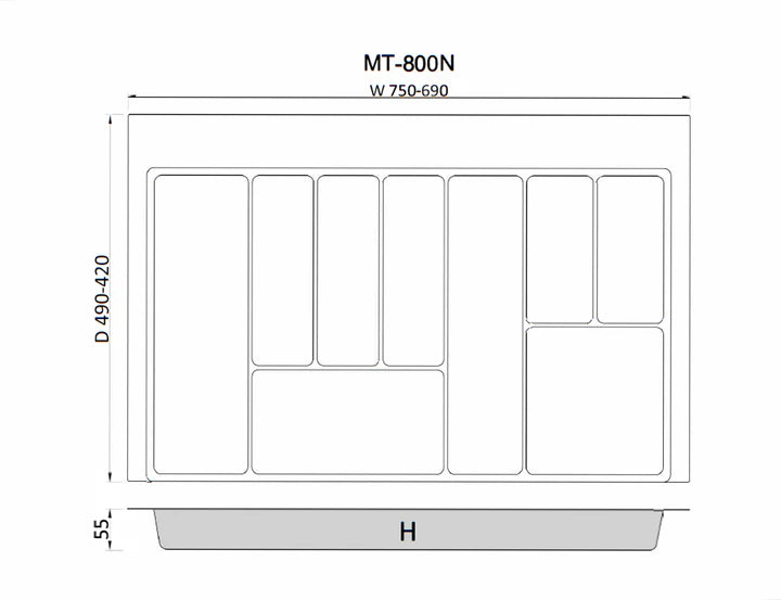 Tramezzo Cutlery Tray Dimensions. Fits 800mm wide cabinet widths, Colours are Grey or White