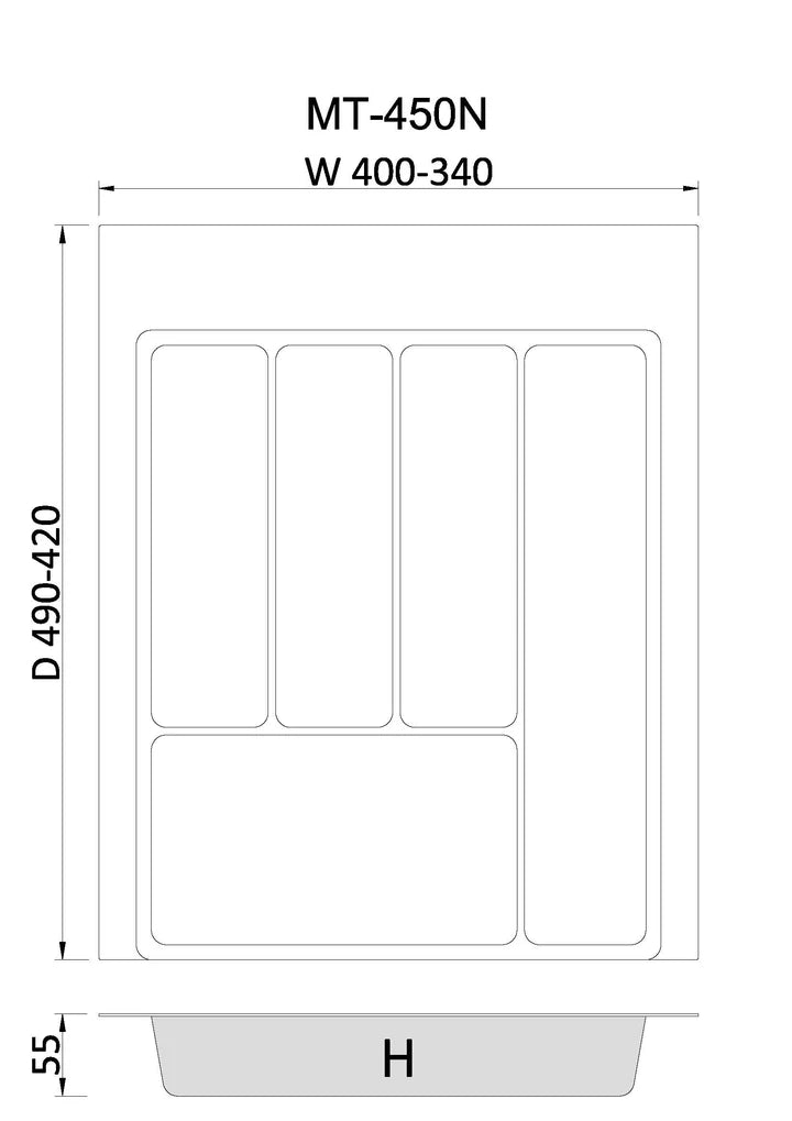 Tramezzo Cutlery Tray, Dimensions Drawing, Fits 450 cabinet width, Colours are White or Gray